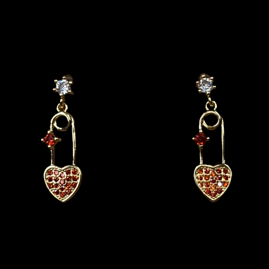 Heart CZ Safety Pin Earrings