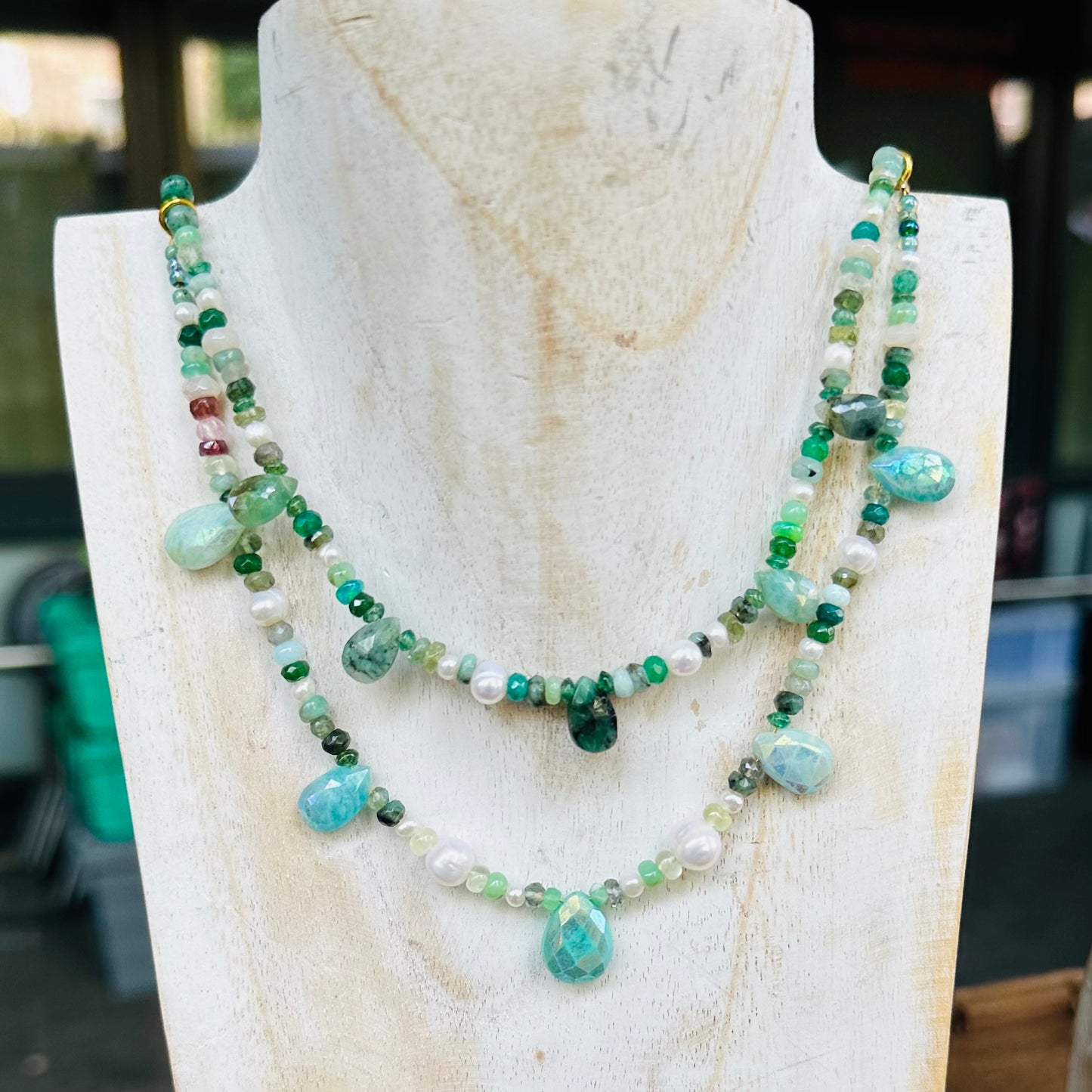 Emerald and Ruby Double Strand Necklace