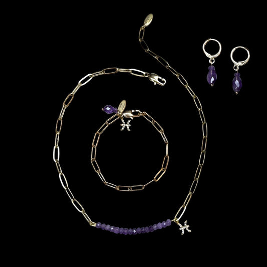Star Sign & Birthstone Necklace (Gemstone Inlay Edition) | Bracelet & Earring Trio Gold Vermeil Gemstone | CLARKE PALMER