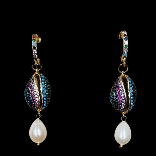 Rainbow CZ Cowrie Shell and Drop Pearl Earrings