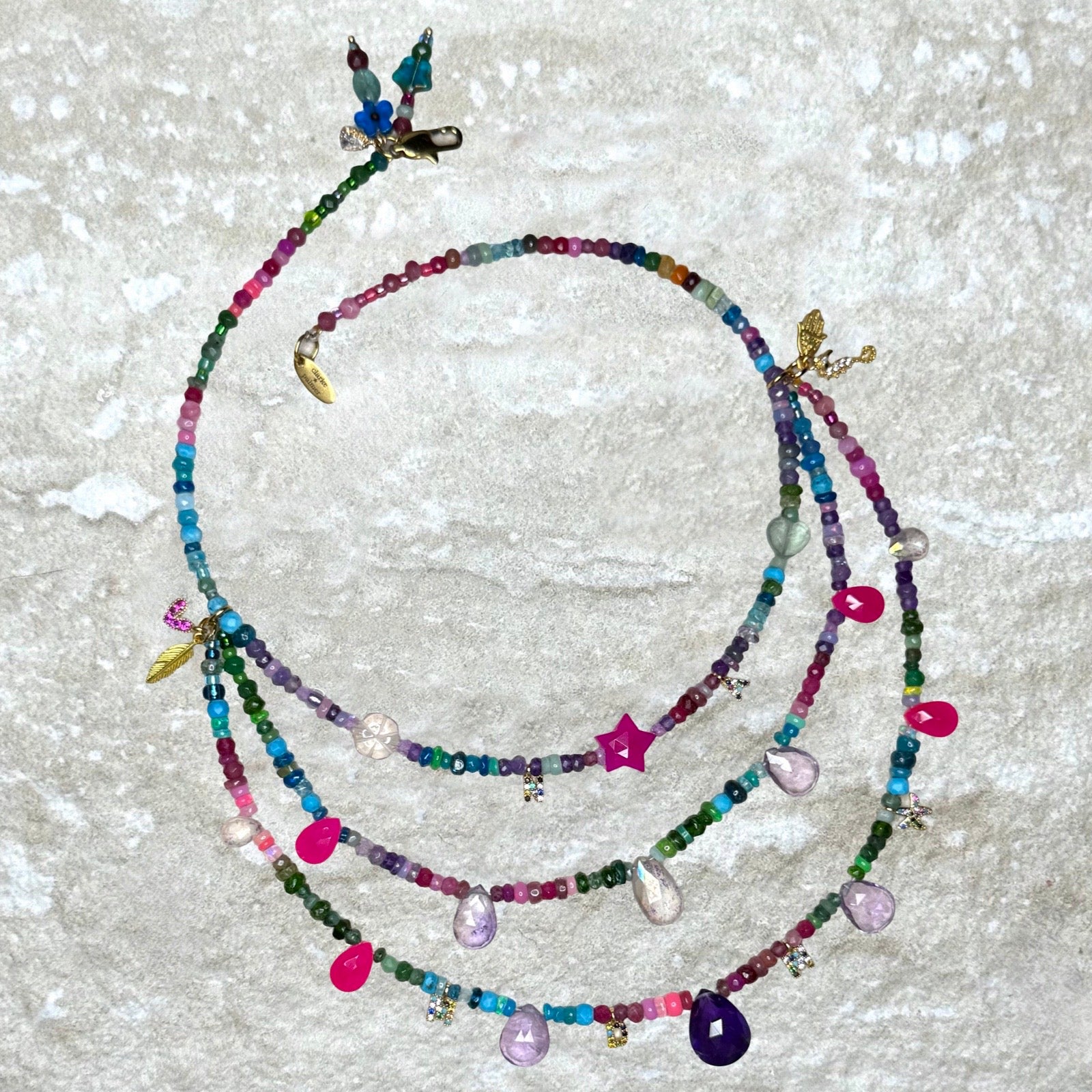 Personalised Three-Layer Gemstone Necklace with Gold Letter Charms – Tropical Punk | CLARKE PALMER