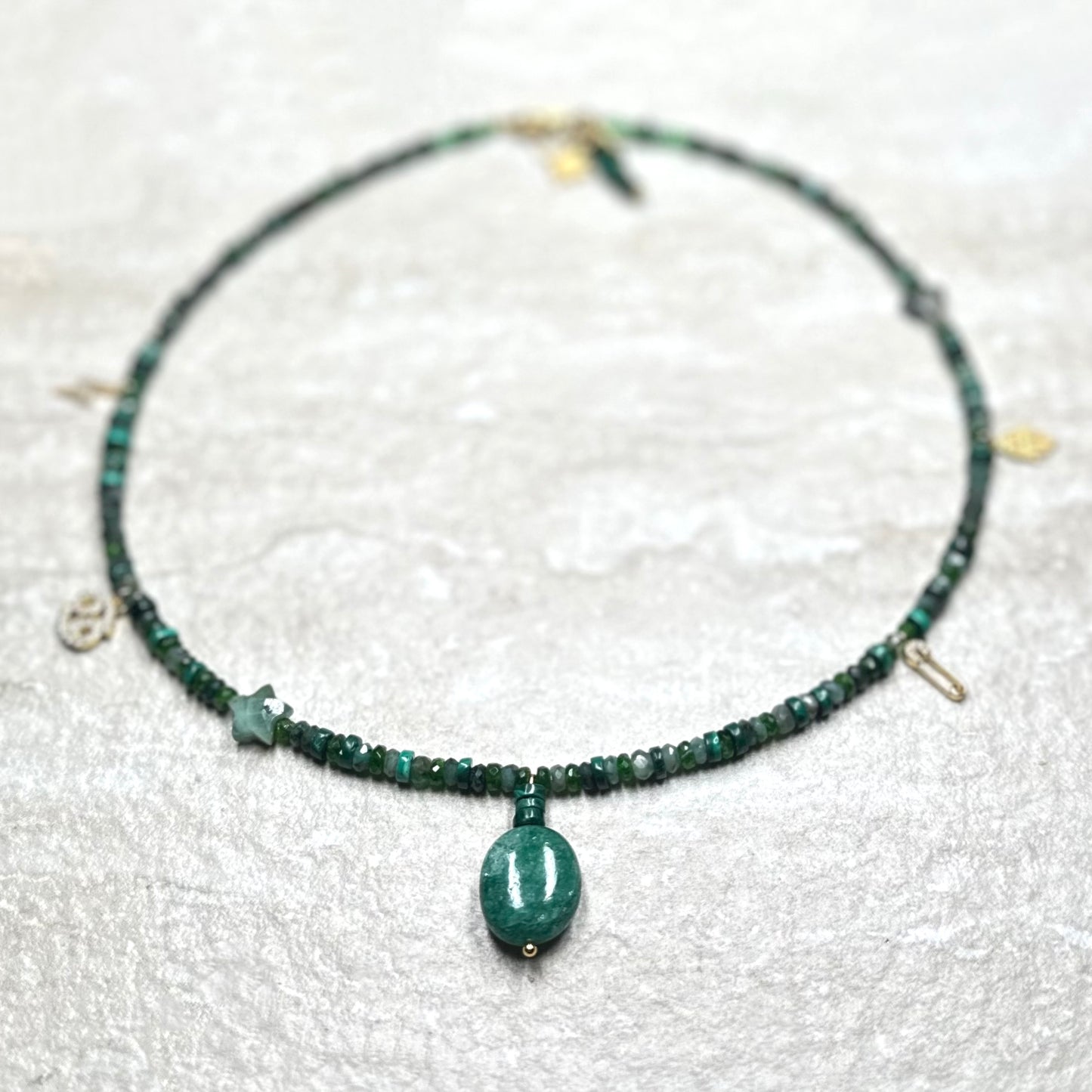 Jade, Malachite and Emerald Pendant Necklace