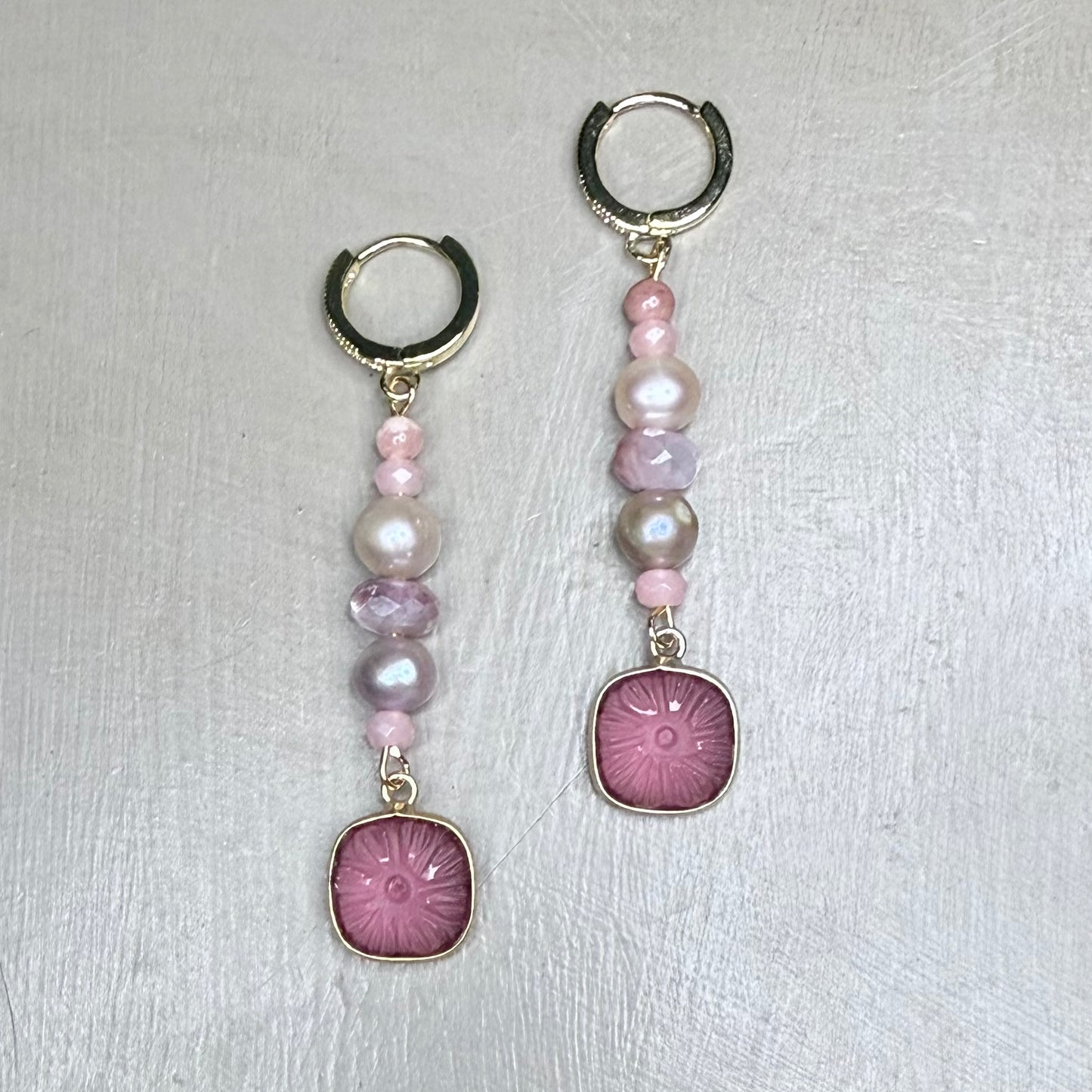 Violetta Carved Pink Tourmaline, Pearl & Moonstone Drop Earrings CLARKE PALMER