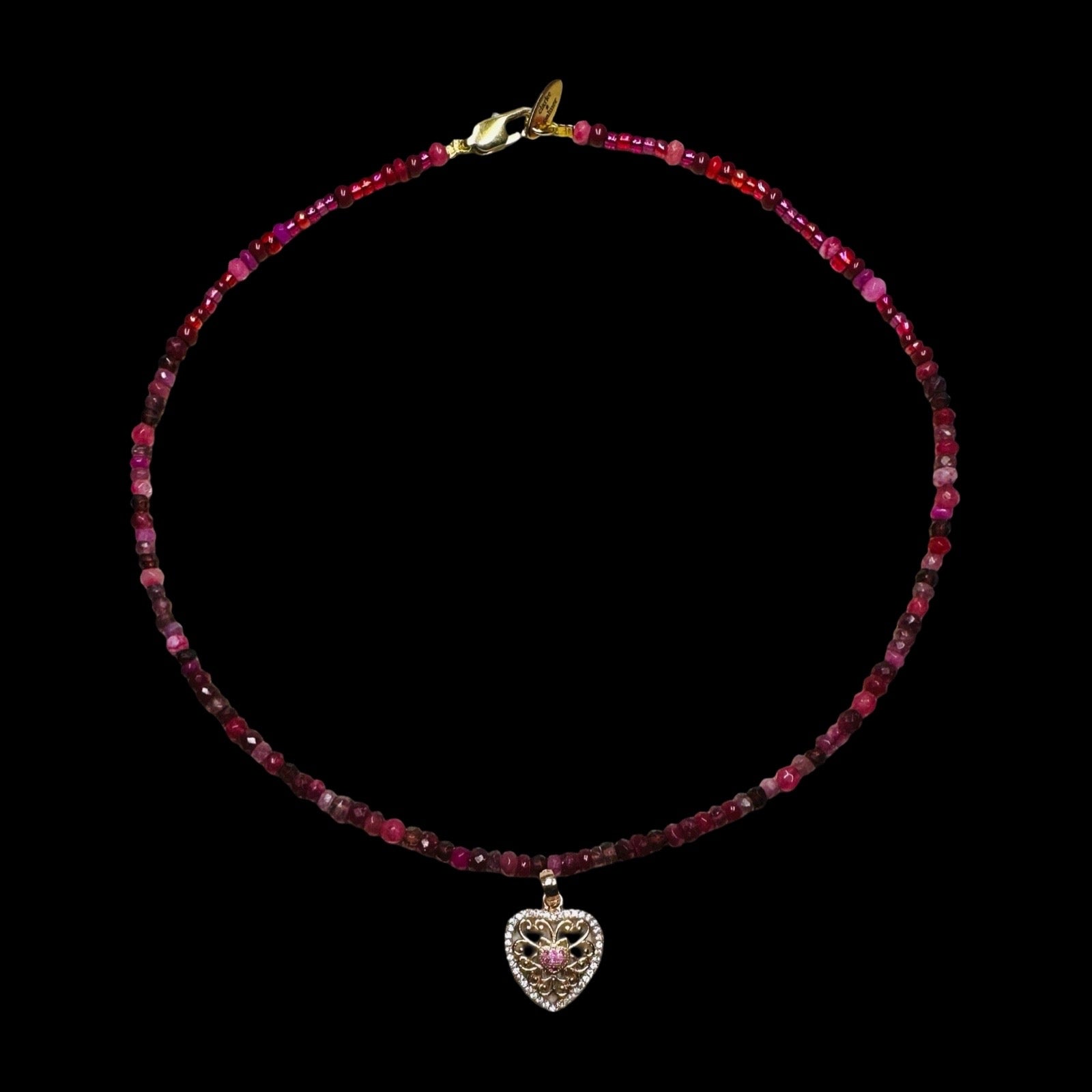  CLARKE PALMER - Ruby, Garnet, Tourmaline gemstone handmade necklace with Gold Vermeil filigree CZ heart Charm