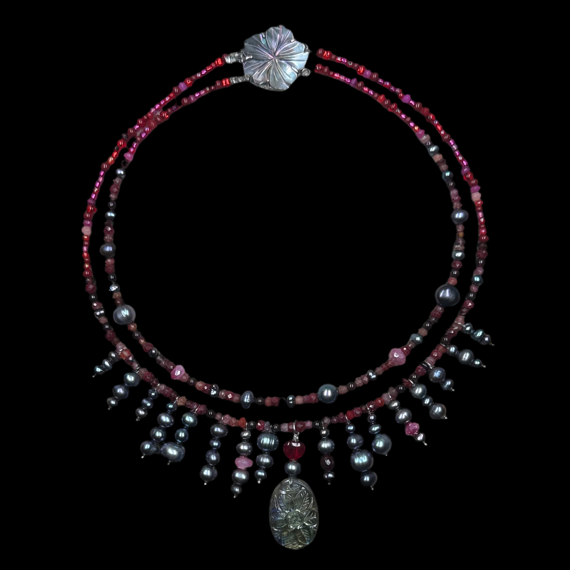 Clarke Palmer Dark_Love_Ruby_Garnet_Tourmaline_Black_Pearl_and_Carved_Labradorite_Pendant Double Strand On a black background 