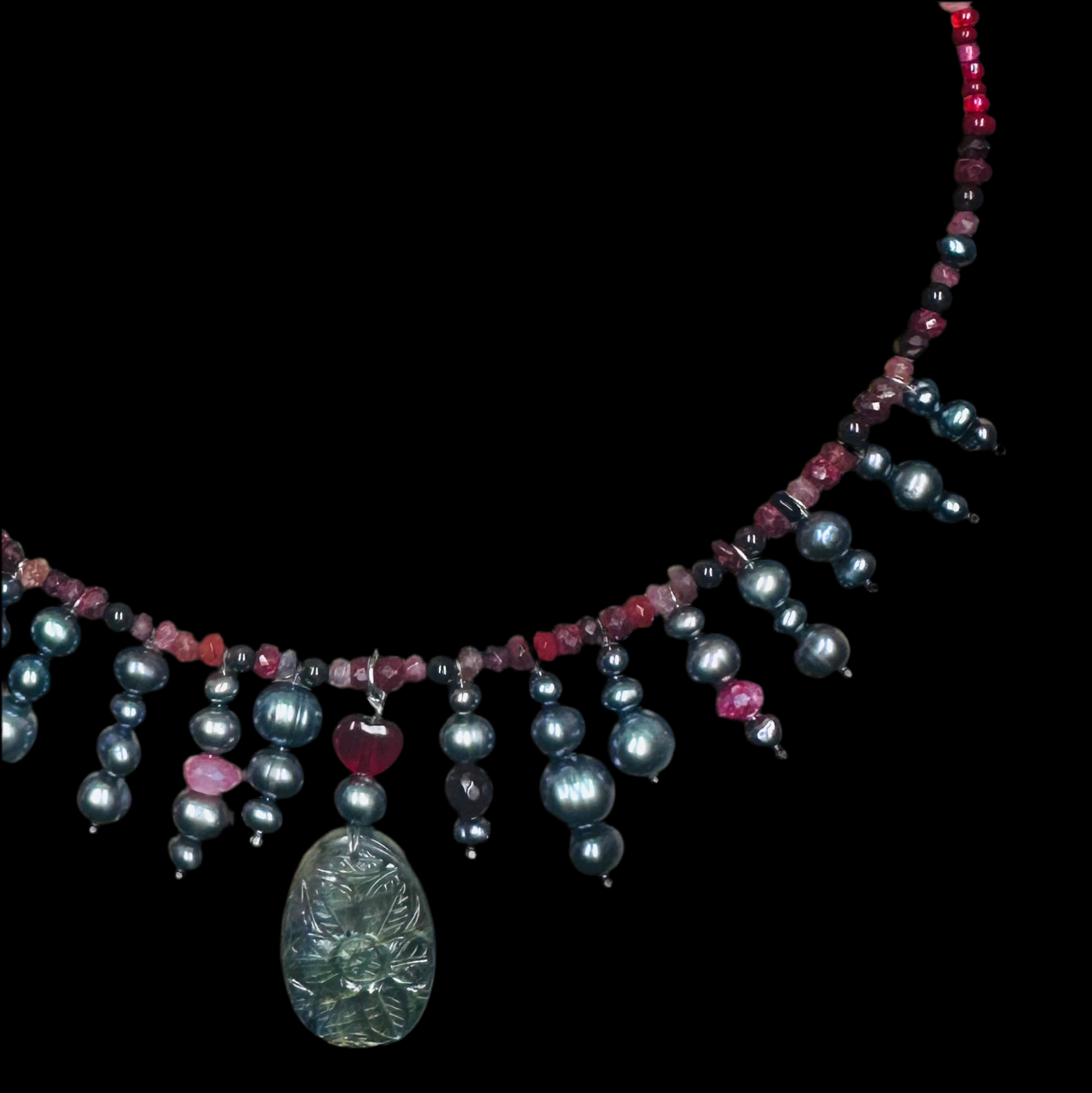 Clarke Palmer Single Strand Dark_Love_Ruby_Garnet_Tourmaline_Black_Pearl_and_Carved_Labradorite_Pendant on black background 