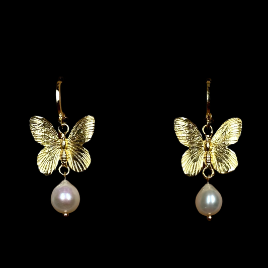 Golden Butterfly Drop Pearl Earrings