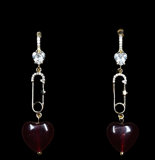 Safety Pin Drop Chalcedony Heart Earrings