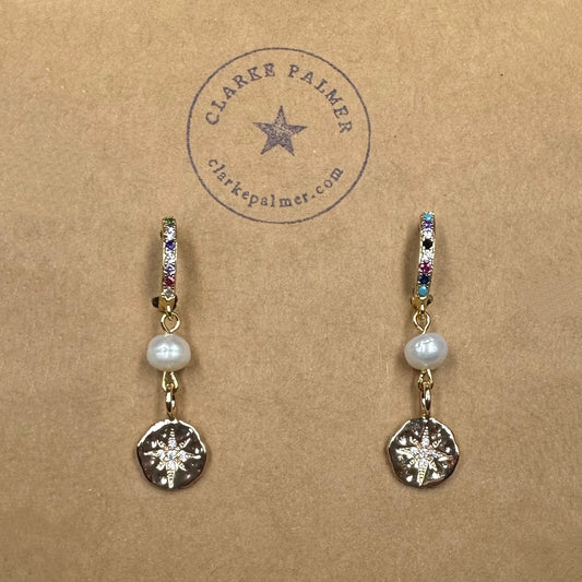 CZ Star Burst Pearl Earrings