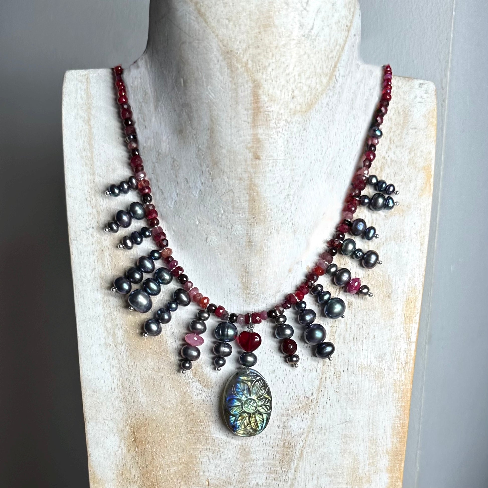 Dark Love Ruby Garnet Tourmaline Black Pearl and Carved Labradorite Pendant