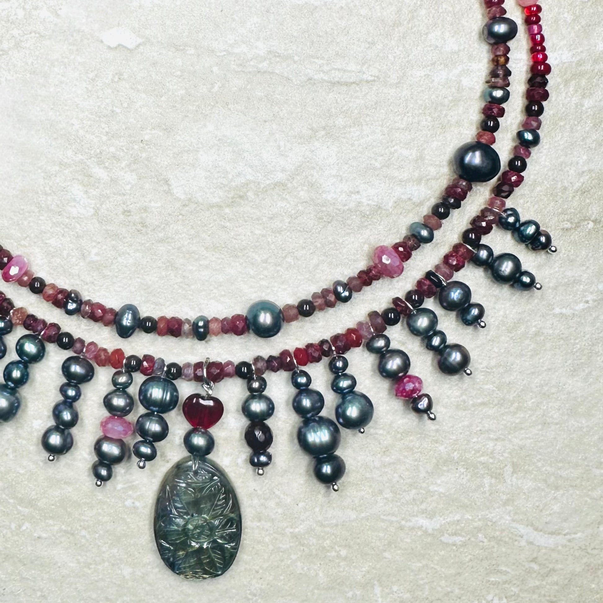 Dark_Love_Ruby_Garnet_Tourmaline_Black_Pearl_and_Carved_Labradorite_Pendant double strand 