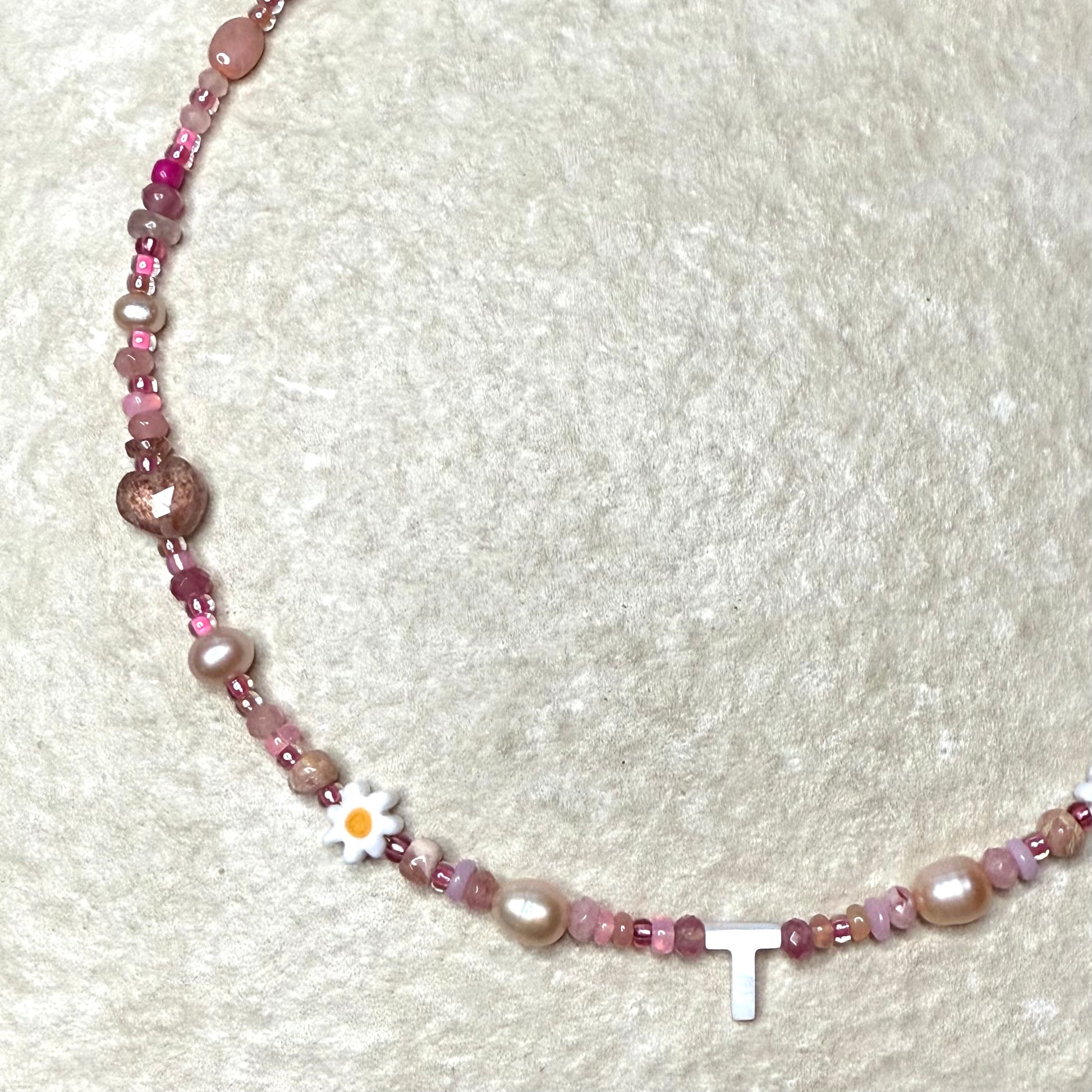 Detail of Luxury_Dolly_Mixture_Gemstone_Necklace_with_Mother_of_Pearl_Initial_CLARKE_PALMER