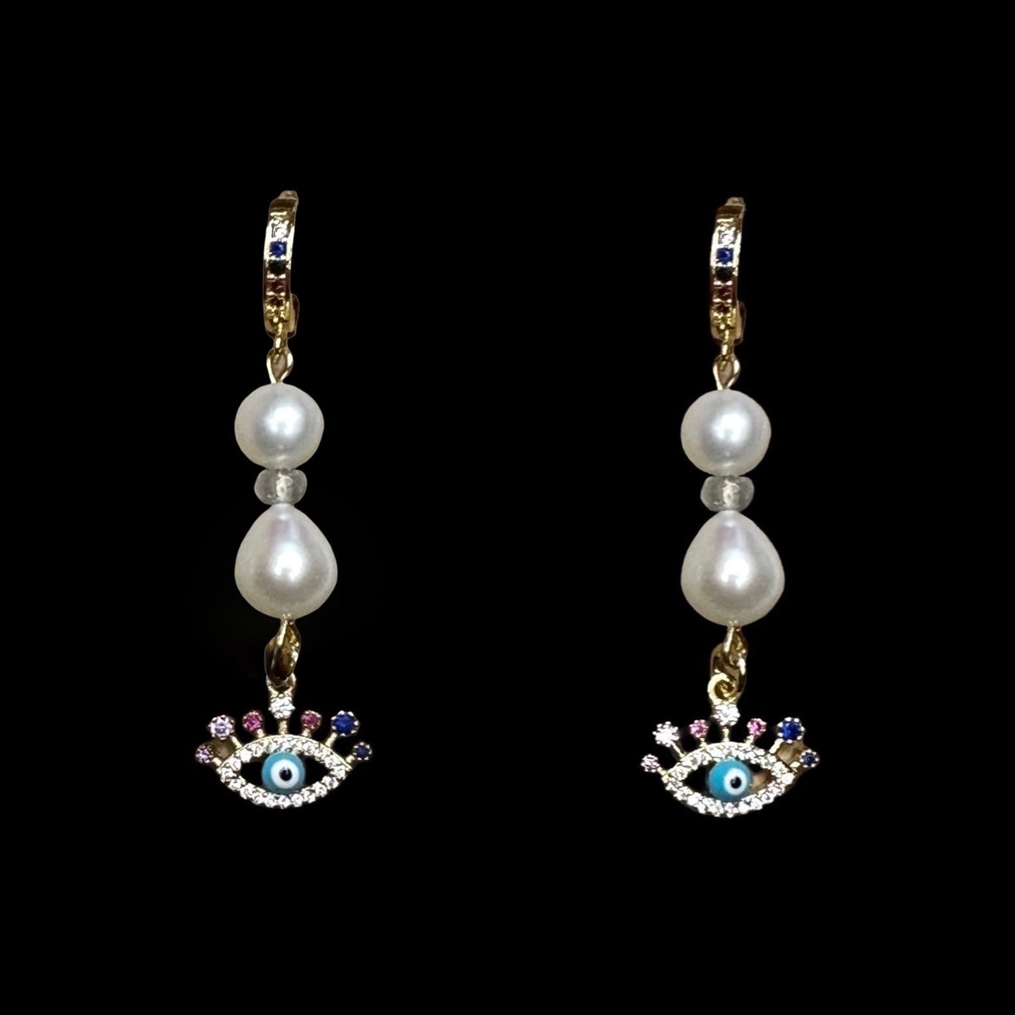 Evil Eye CZ Charm and Drop Pearl Earrings