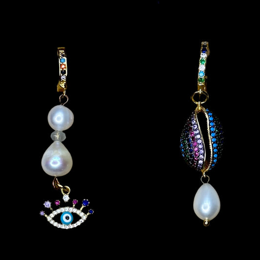 Evil Eye & Rainbow CZ Cowrie Shell and Drop Pearl Earrings