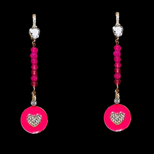 Hot Pink CZ Enamel Heart Drop Earrings