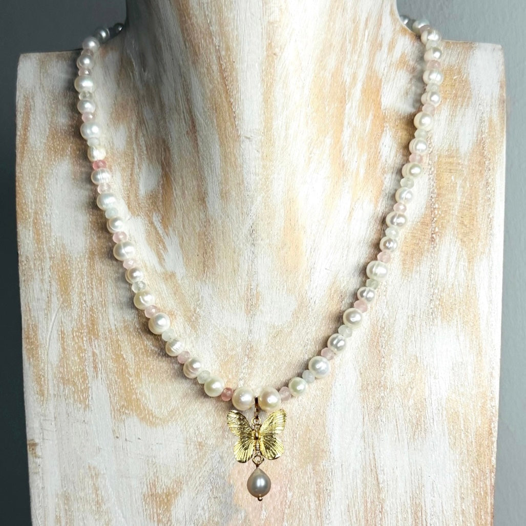 Pearl Charm Butterfly Pendant Necklace