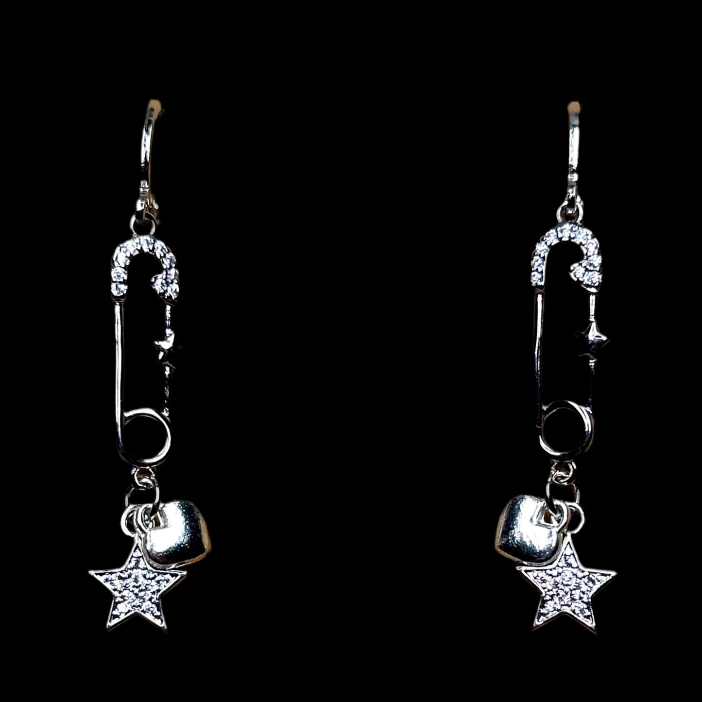 Safety Pin Earrings with Stars and Hearts