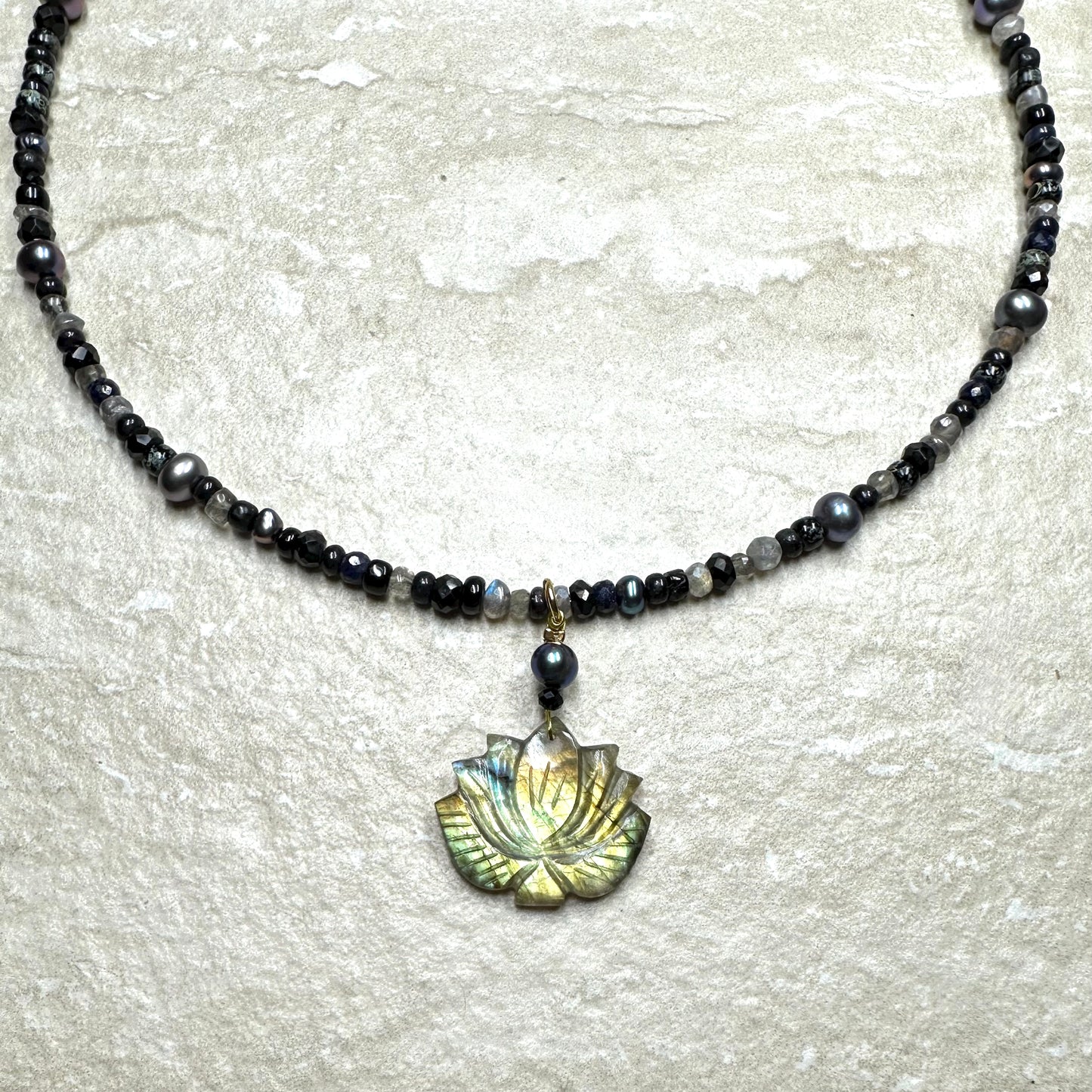 Black Pearl Spinel & Moonstone Pendant Necklace