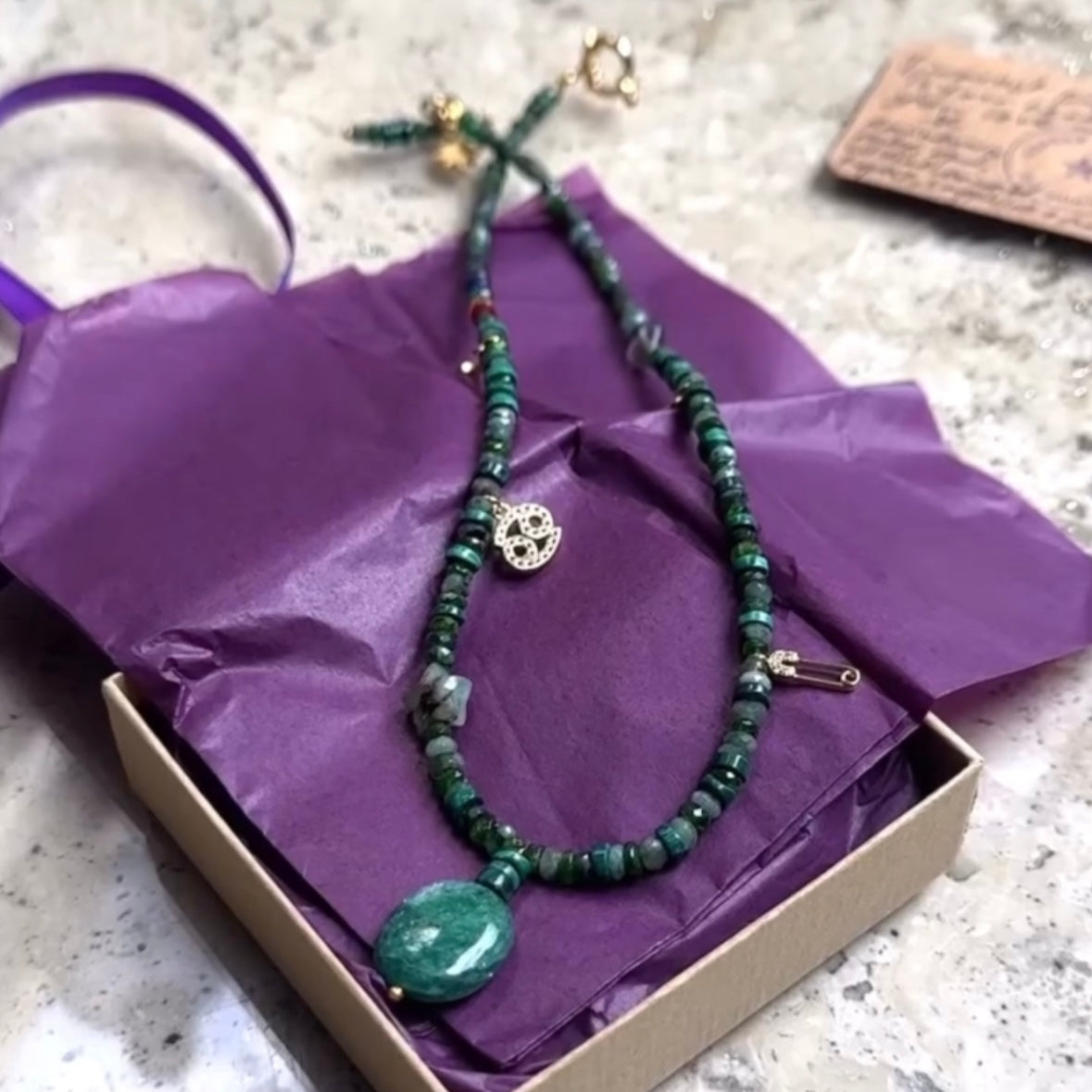 Jade, Malachite and Emerald Pendant Necklace