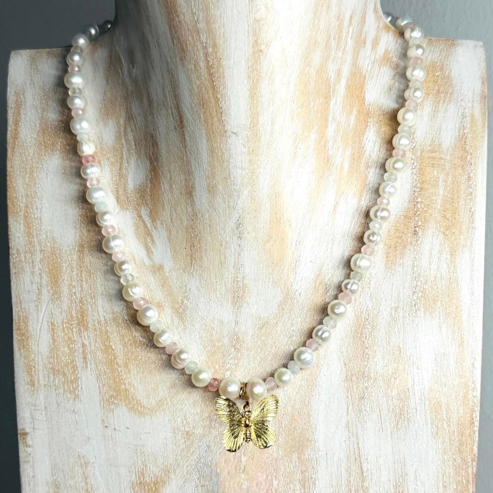 Pearl Charm Butterfly Pendant Necklace