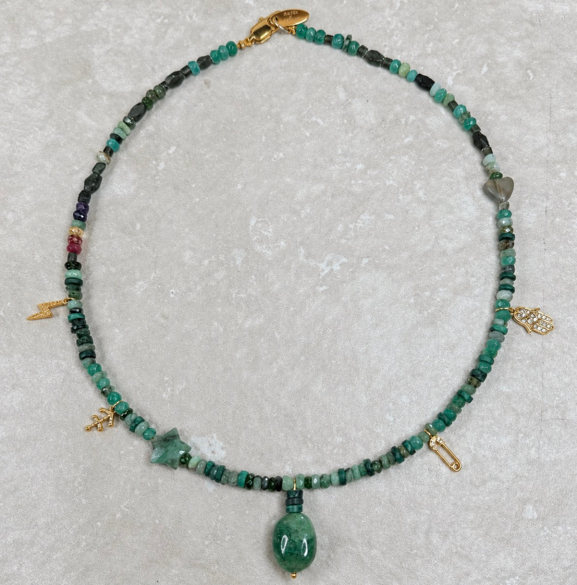 Emerald Pendant Necklace - Malachite, Jade and Gold Vermeil Charms - CLARKE PALMER