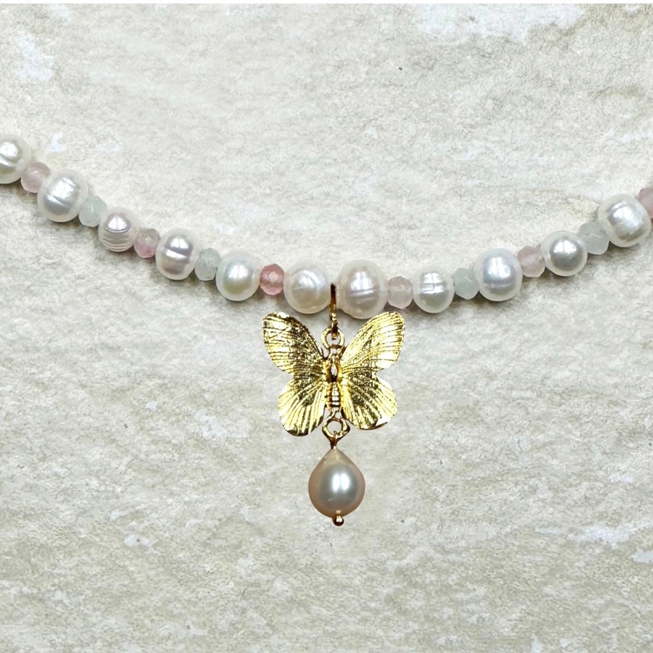 Pearl Charm Butterfly Pendant Necklace