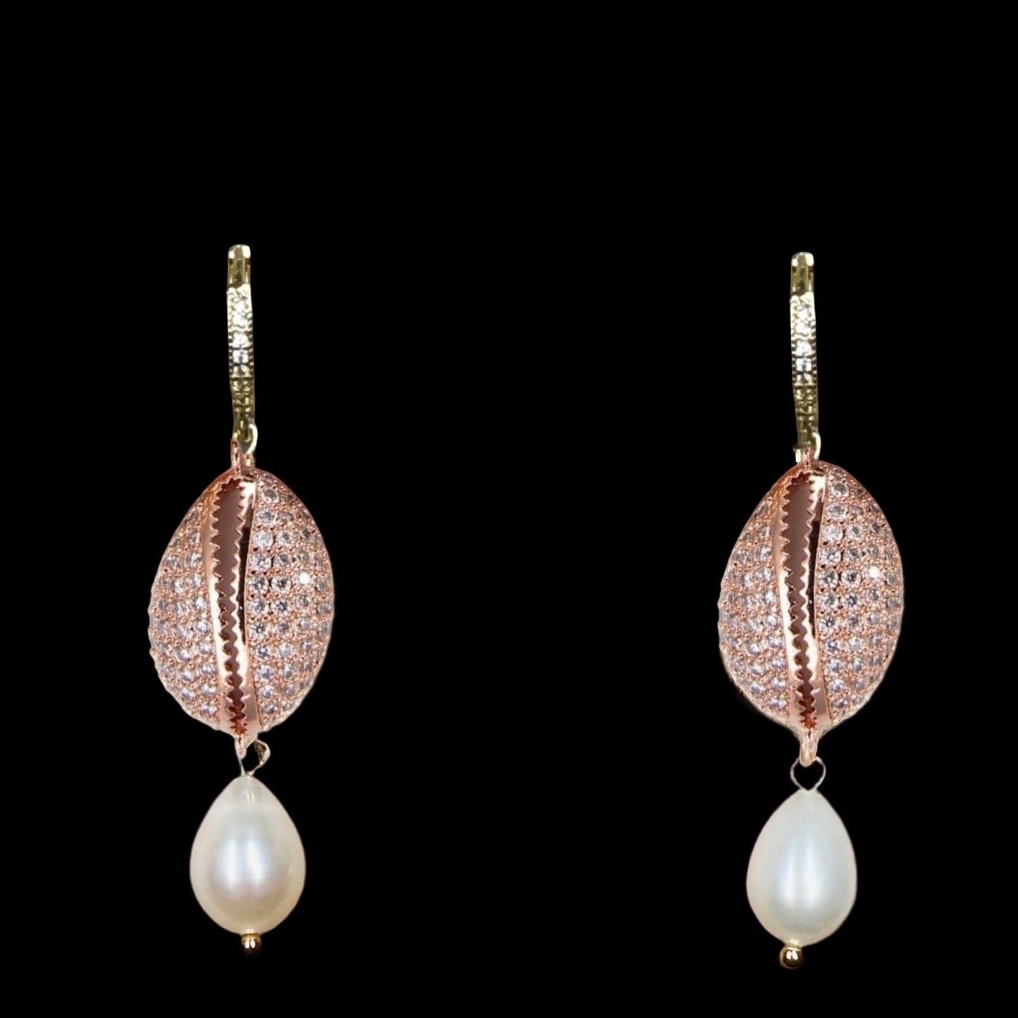 CZ Cowrie Shell and Drop Pearl Earrings