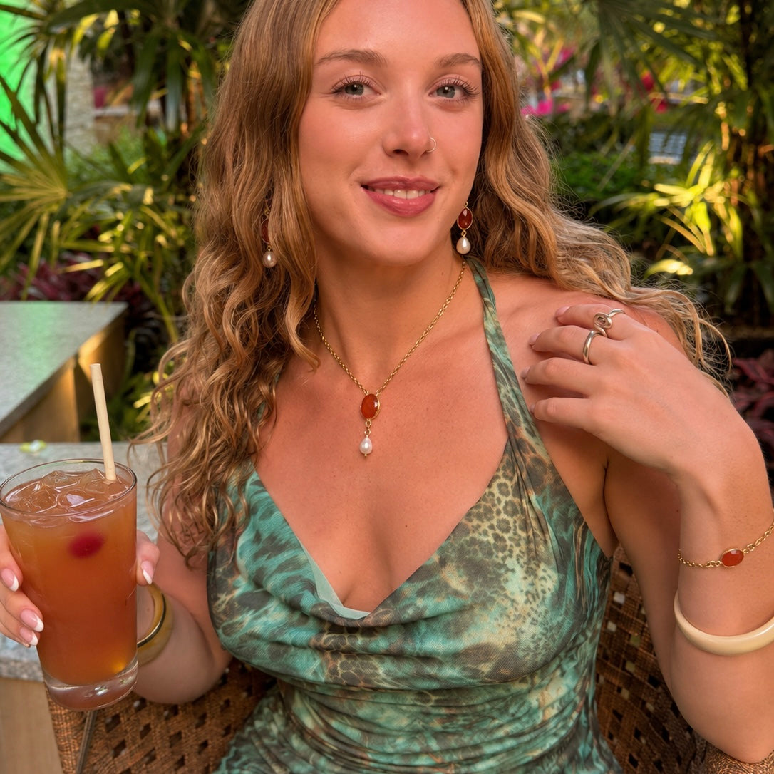 Lerici Sunset Satellite Chain Necklace | Handmade Carnelian | Drop Pearl | Gold Vermeil Jewellery | Clarke Palmer