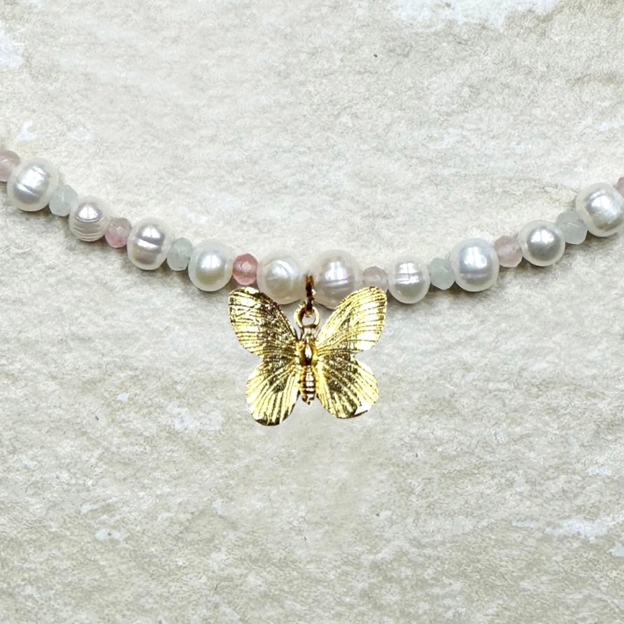 Pearl Charm Butterfly Pendant Necklace