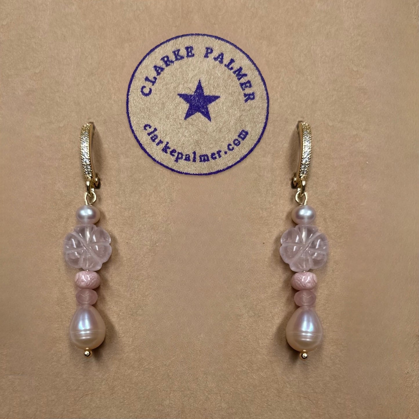 Naked Beach Rose Quartz Flower and Pearl Earrings