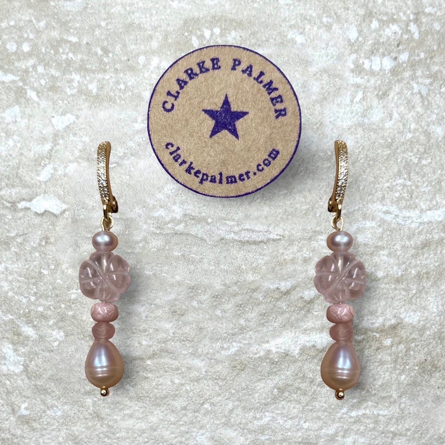 Naked Beach Rose Quartz Flower and Pearl Earrings