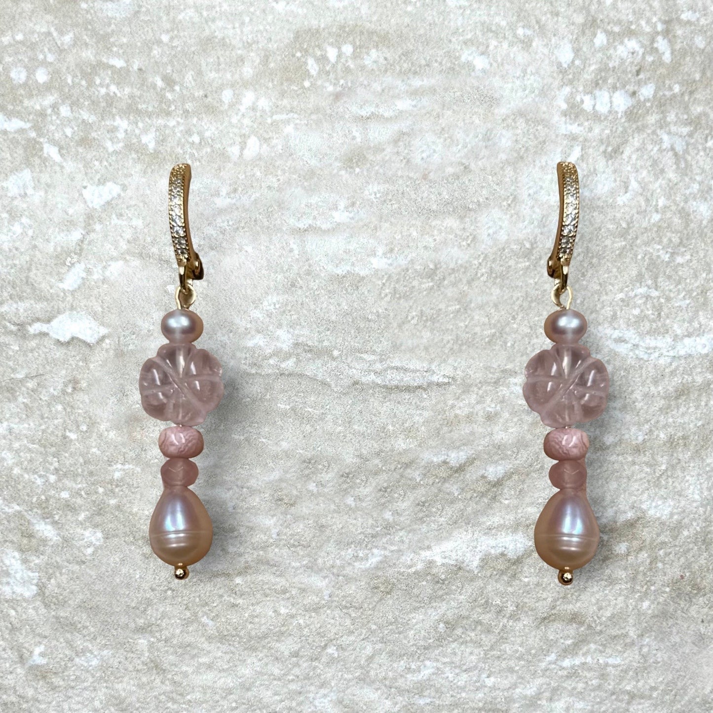 Naked Beach Rose Quartz Flower and Pearl Earrings