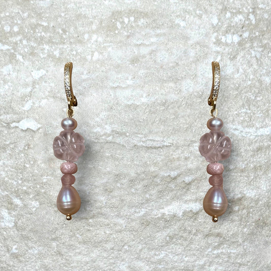 Naked Beach Rose Quartz Flower and Pearl Earrings