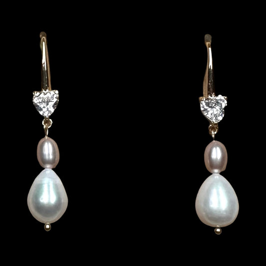 Pearl Drop and CZ Heart Earrings