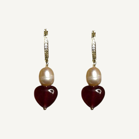Chalcedony Heart & Pearl Earrings - Gold Vermeil CZ - Handmade - CLARKE PALMER