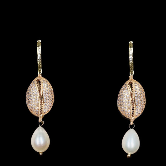 CZ Cowrie Shell and Drop Pearl Earrings