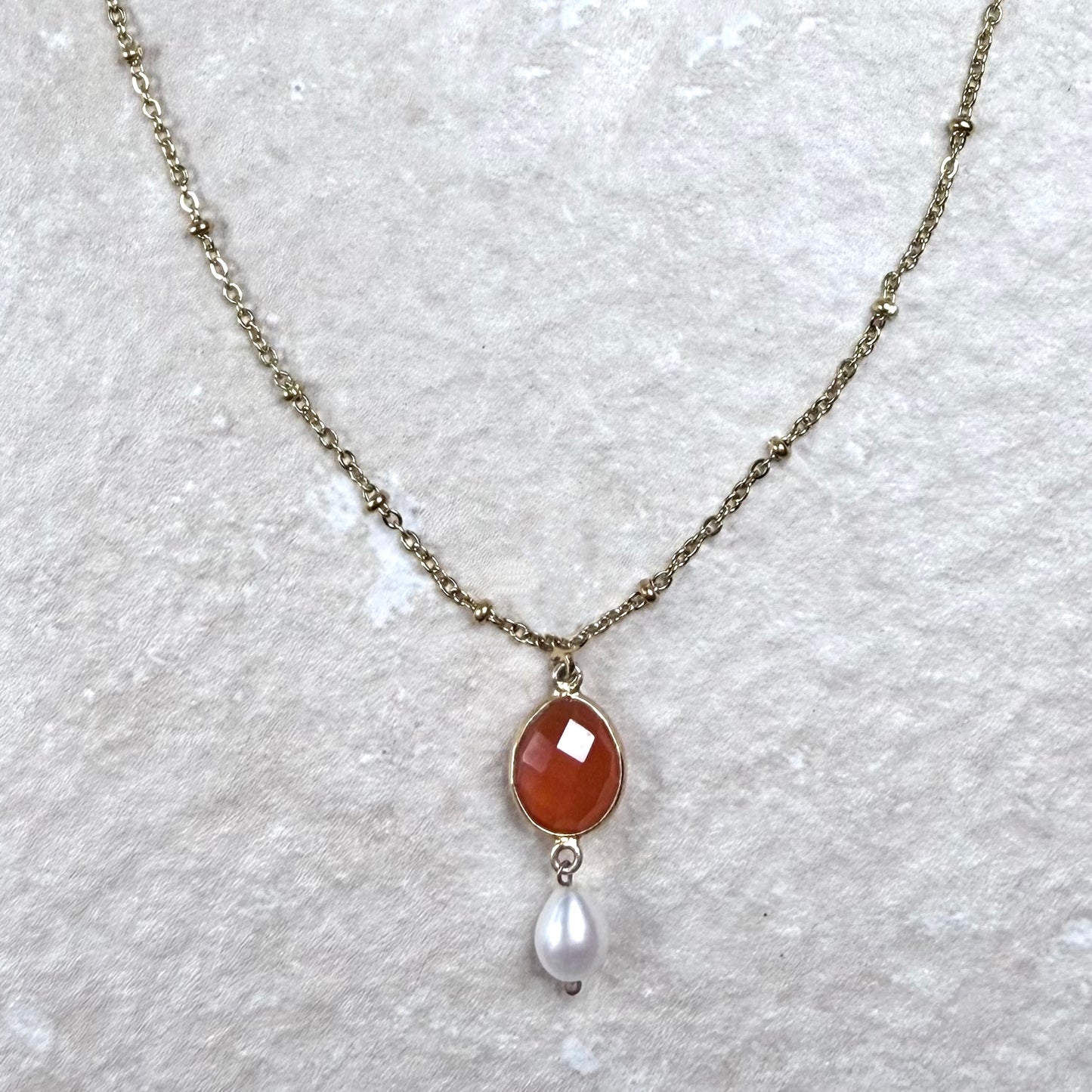 Lerici Sunset Satellite Chain Necklace | Handmade Carnelian | Drop Pearl | Gold Vermeil Jewellery | Clarke Palmer