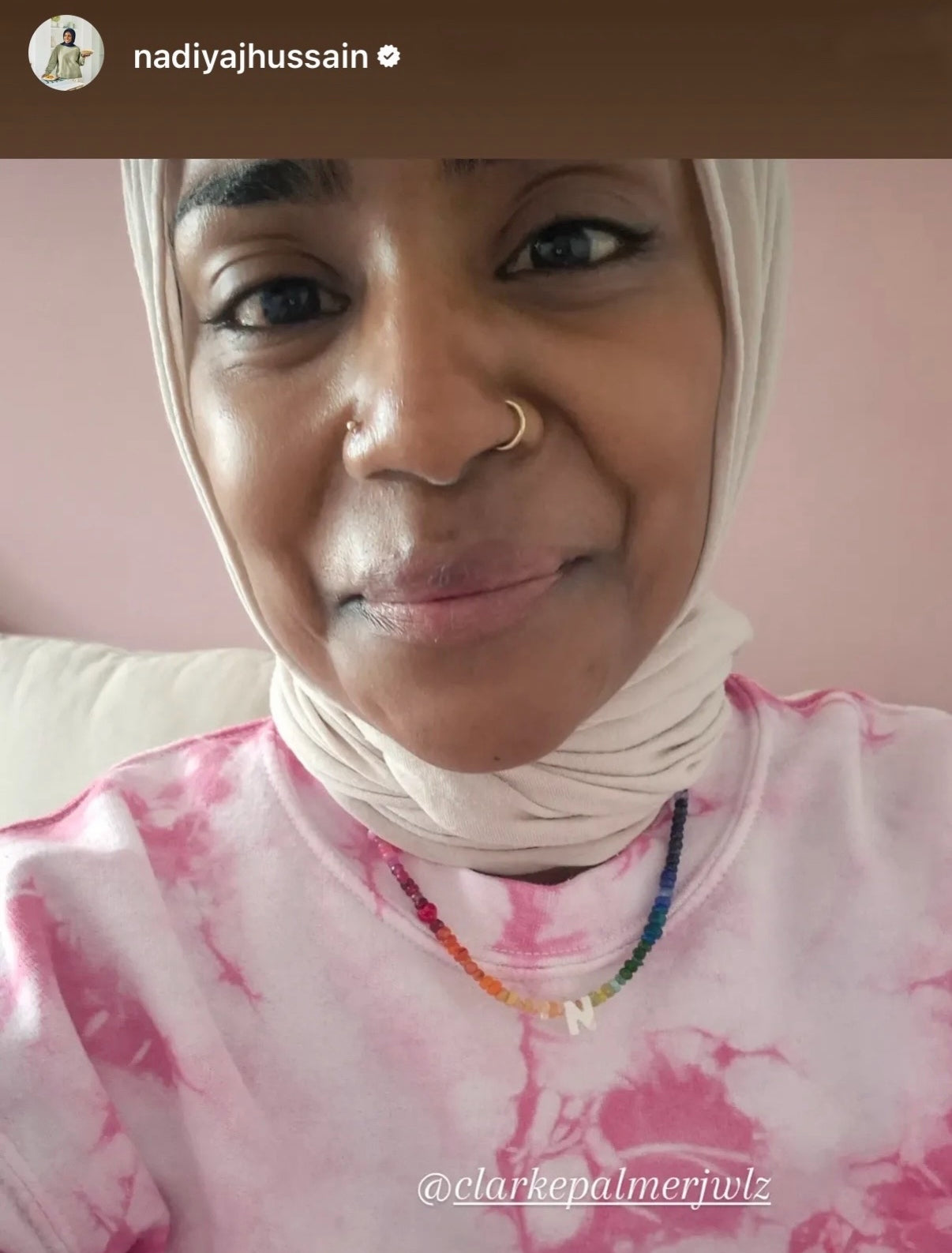 Nadiya Hussain wearing rainbow gemstone heavenly Love necklace.