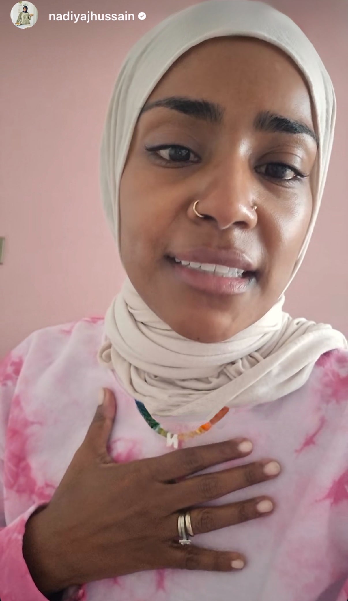 Nadiya Hussain looking beautiful wearing rainbow gemstone heavenly Love necklace.