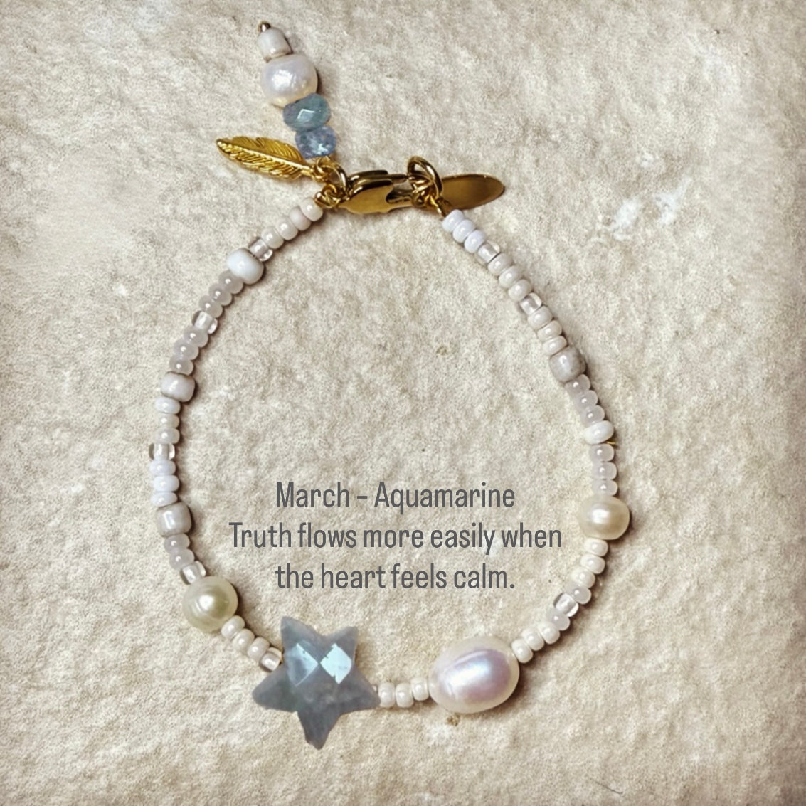 Pearl & Aquamarine Star Birthstone Bracelet with quote:  March – Aquamarine
Truth flows more easily when the heart feels calm.