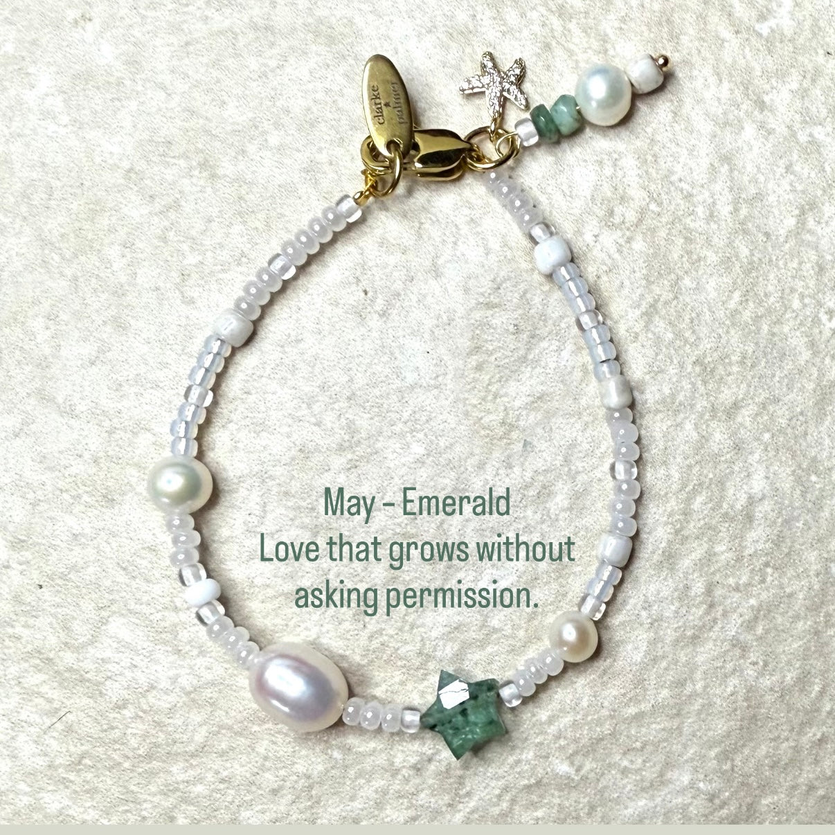Pearl & Emerald Star Birthstone Bracelet with quote: May – Emerald
Love that grows without asking permission.