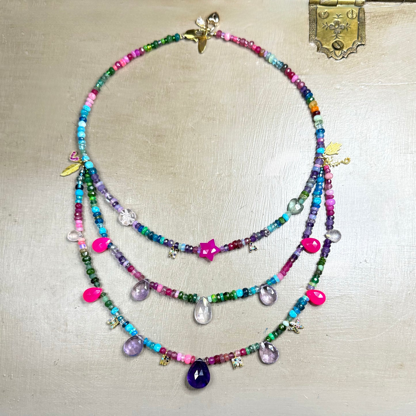 
Briolette Three-Layer Personalised Gemstone Necklace in Tropical Punk | CLARKE PALMER