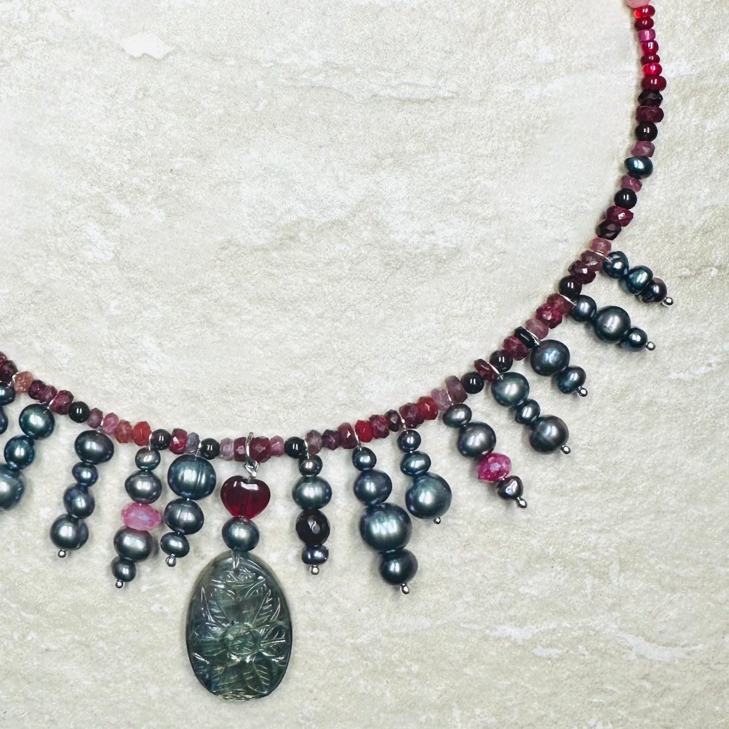 Single Strand Dark_Love_Ruby_Garnet_Tourmaline_Black_Pearl_and_Carved_Labradorite_Pendant