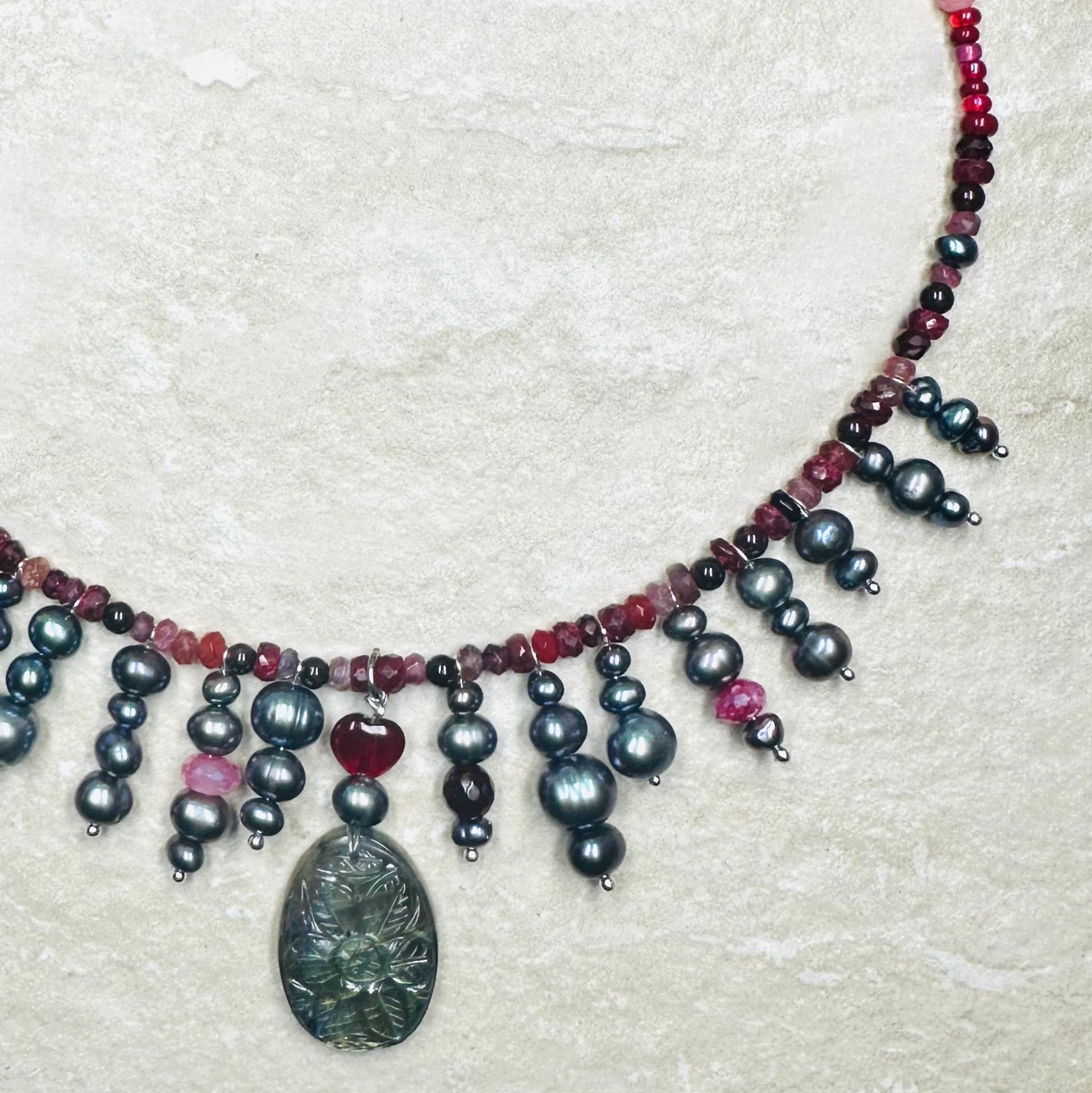 Single Strand Dark_Love_Ruby_Garnet_Tourmaline_Black_Pearl_and_Carved_Labradorite_Pendant