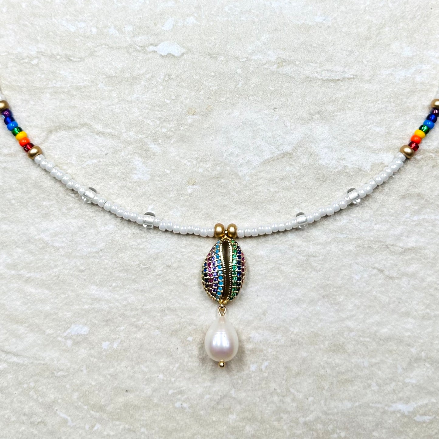 Cowrie Shell Pearl Drop Rainbow Beaded Necklace