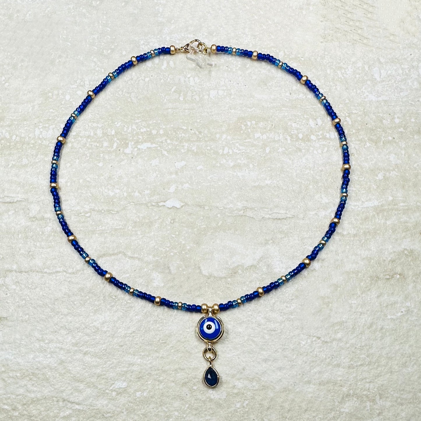 Evil Eye Sapphire Drop Beaded Necklace