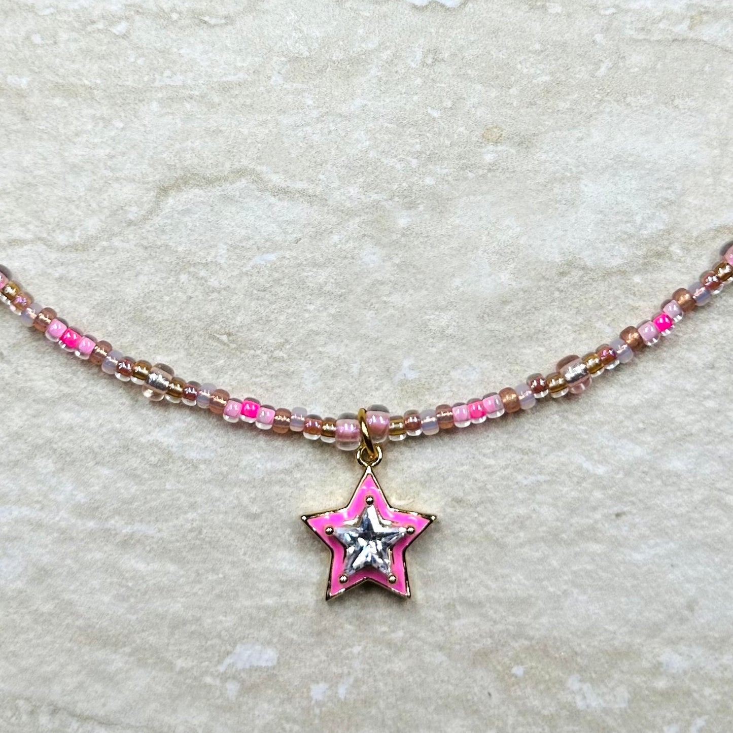 Bubblegum Pink Enamel CZ Star Beaded Necklace
