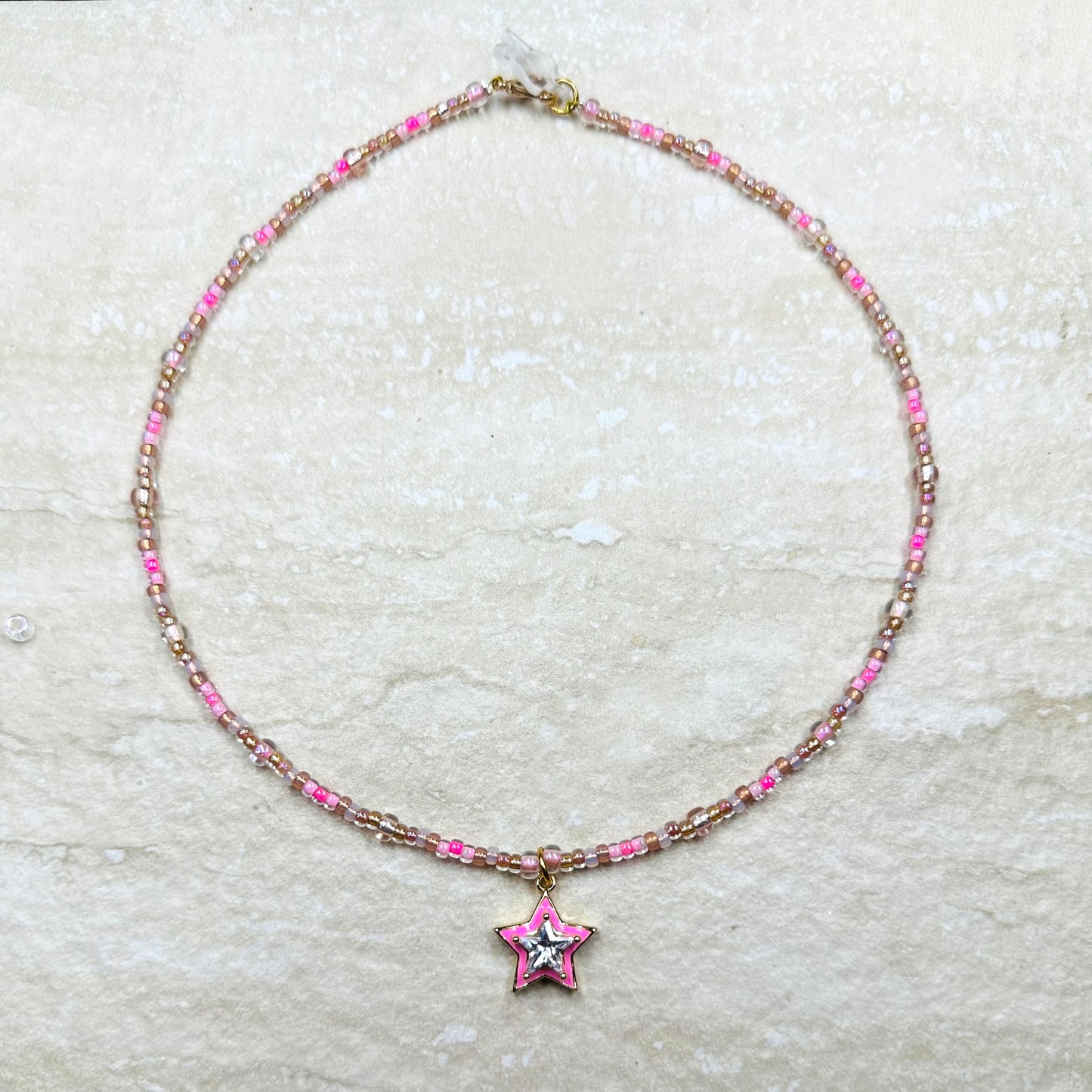 Bubblegum Pink Enamel CZ Star Beaded Necklace