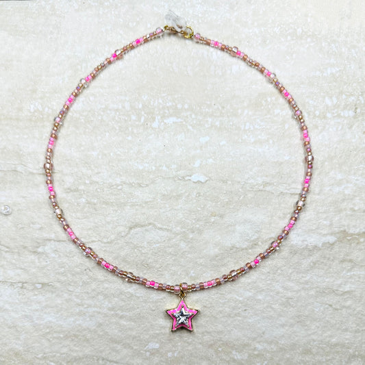 Bubblegum Pink Enamel CZ Star Beaded Necklace