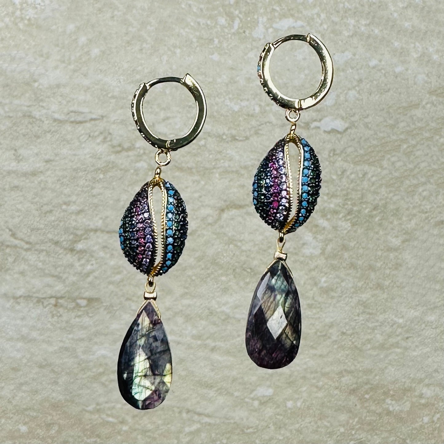Purple Labradorite Cowrie Shell Drop Earrings